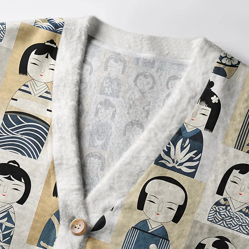 Kyoto-Lion Kokeshi Japan Ugly Cardigan Sweater