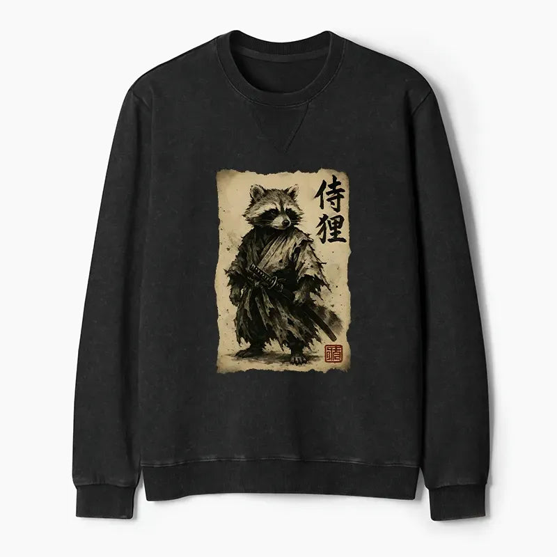 Kyoto-Lion Retro Raccoon Samurai Washed Terry Sweatshirt
