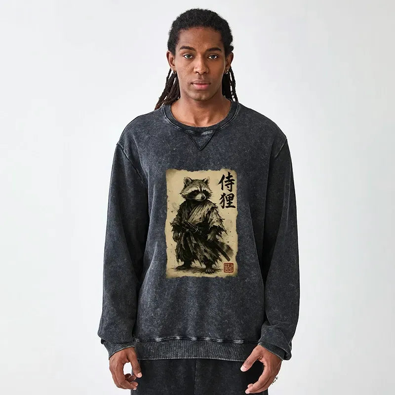 Kyoto-Lion Retro Raccoon Samurai Washed Terry Sweatshirt