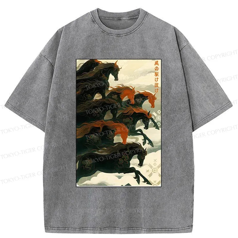 Kyoto-Lion Galloping Horses Washed T-Shirt