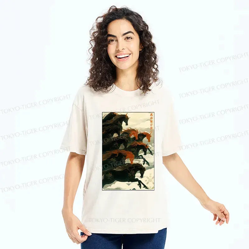 Kyoto-Lion Galloping Horses Washed T-Shirt