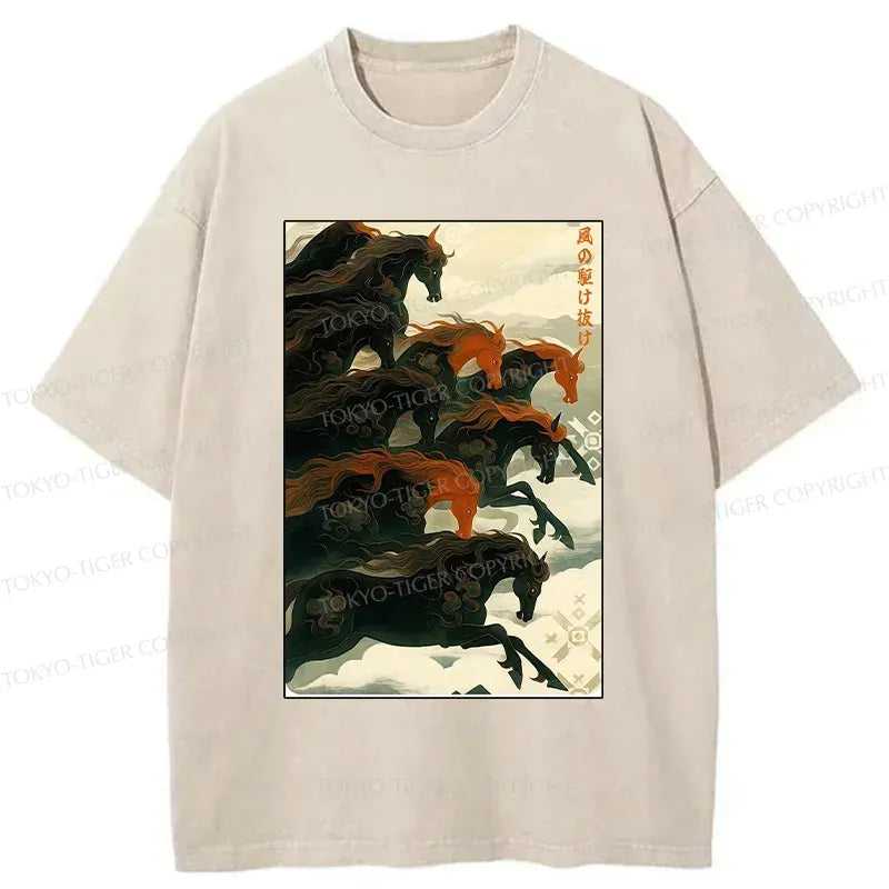 Kyoto-Lion Galloping Horses Washed T-Shirt