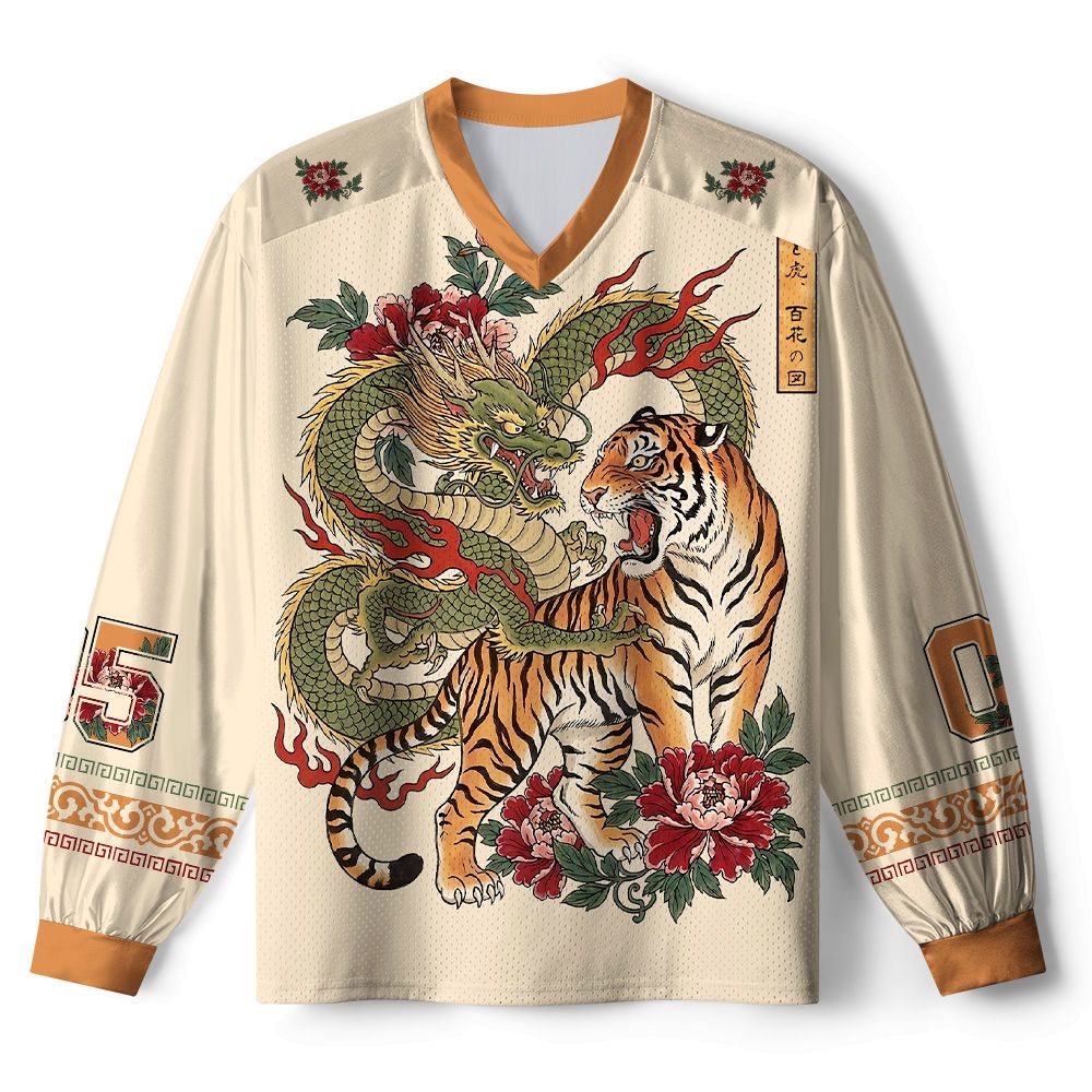 Kyoto-Lion Dragon Tiger Wealth Peonies Paneled Long Sleeve Jersey