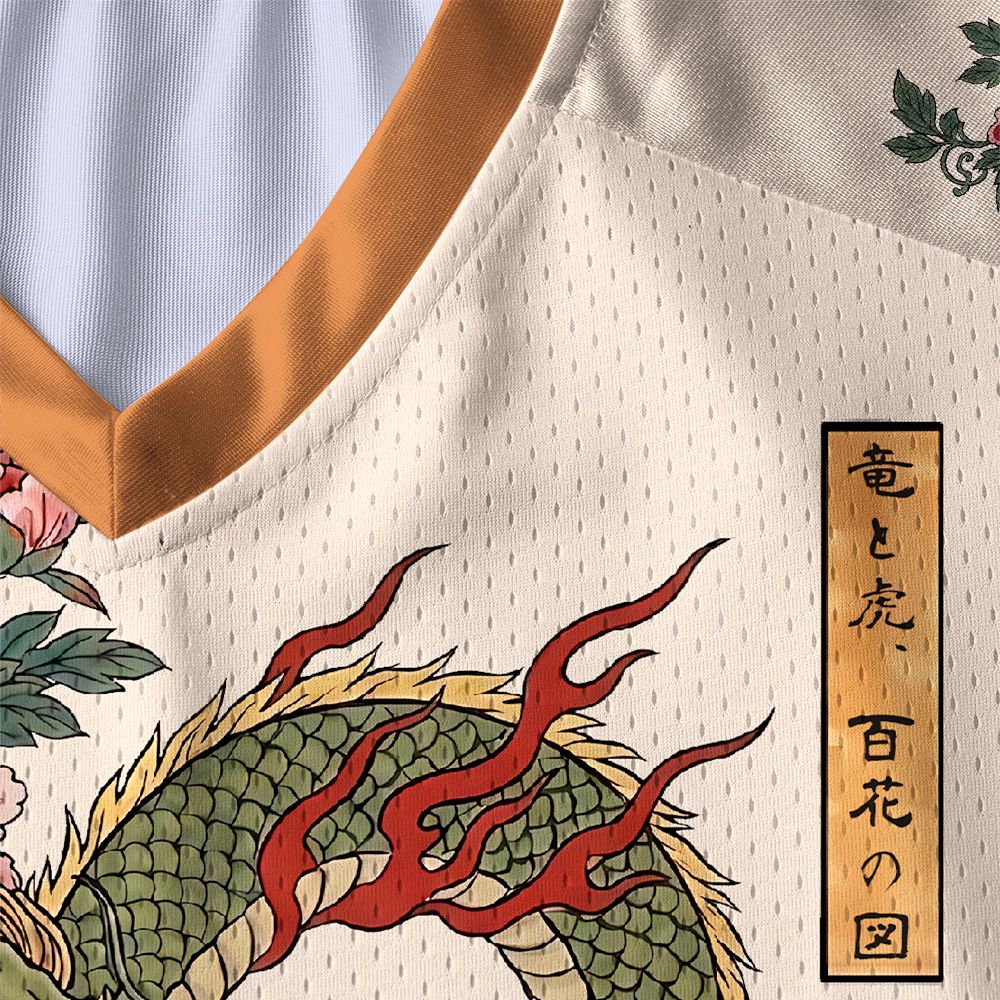 Kyoto-Lion Dragon Tiger Wealth Peonies Paneled Long Sleeve Jersey