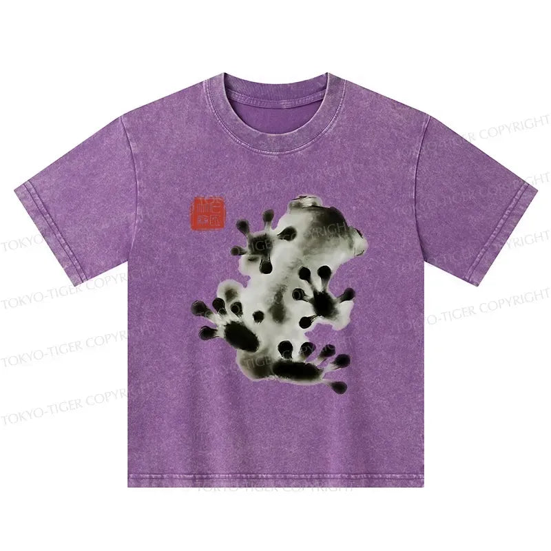 Kyoto-Lion Ink Painting Frog Kids Washed T-Shirt