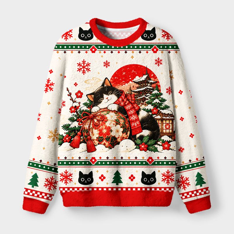 Kyoto-Lion Japanese Temple Christmas Cat Fuzzy Christmas Ugly Sweatshirt