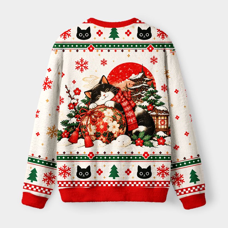 Kyoto-Lion Japanese Temple Christmas Cat Fuzzy Christmas Ugly Sweatshirt