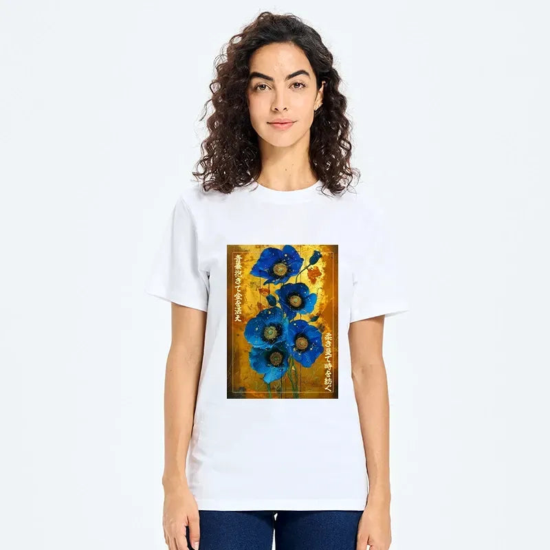 Kyoto-Lion Shiny Blue Flower Warm Golden Background Classic T-Shirt