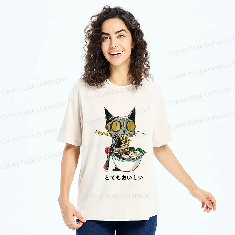 Kyoto-Lion Ramen Lover Robot Cat Washed T-Shirt