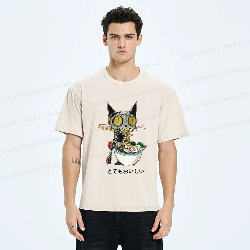 Kyoto-Lion Ramen Lover Robot Cat Washed T-Shirt