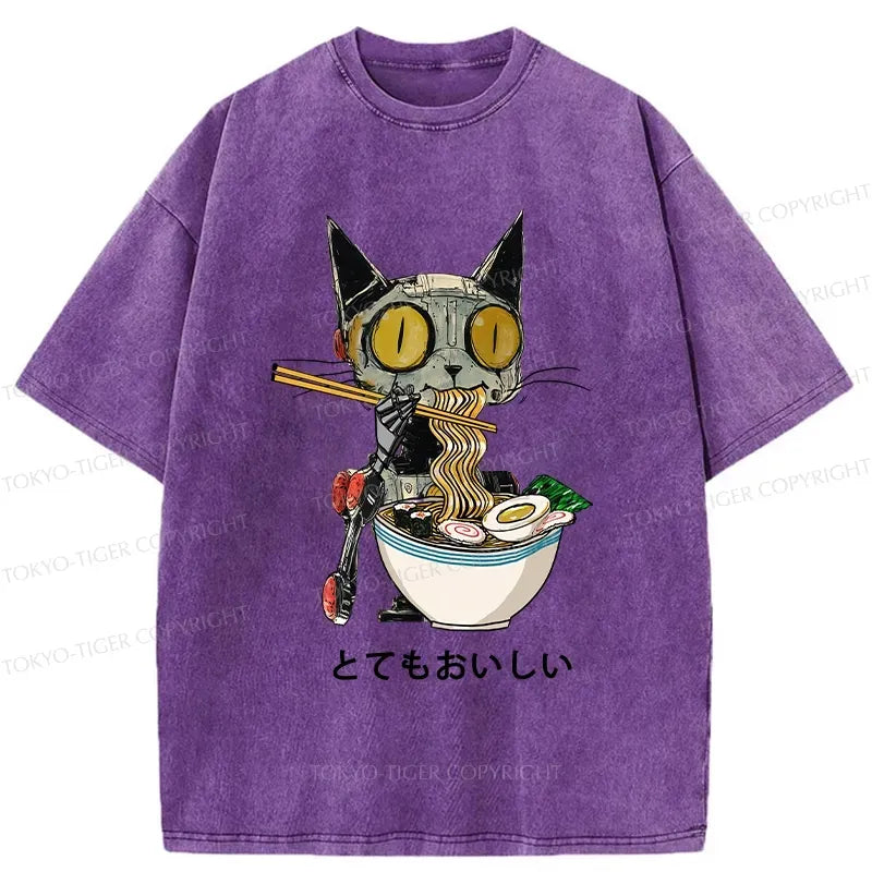 Kyoto-Lion Ramen Lover Robot Cat Washed T-Shirt