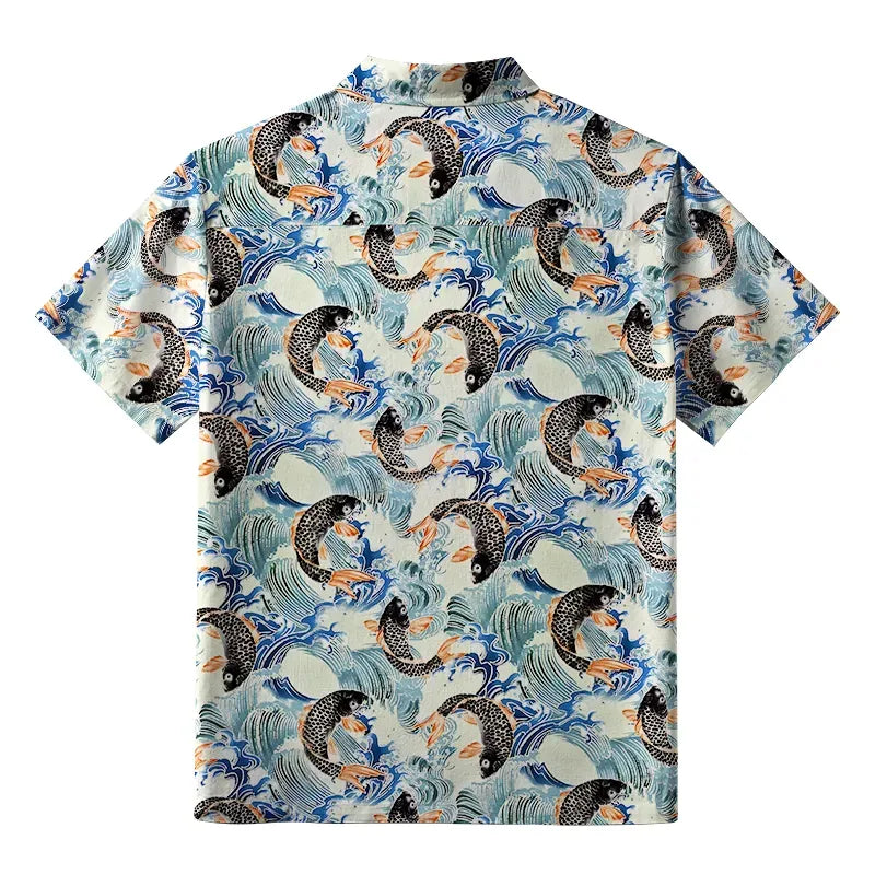 Japanese Koi Wave Button-up Shirt On Sale