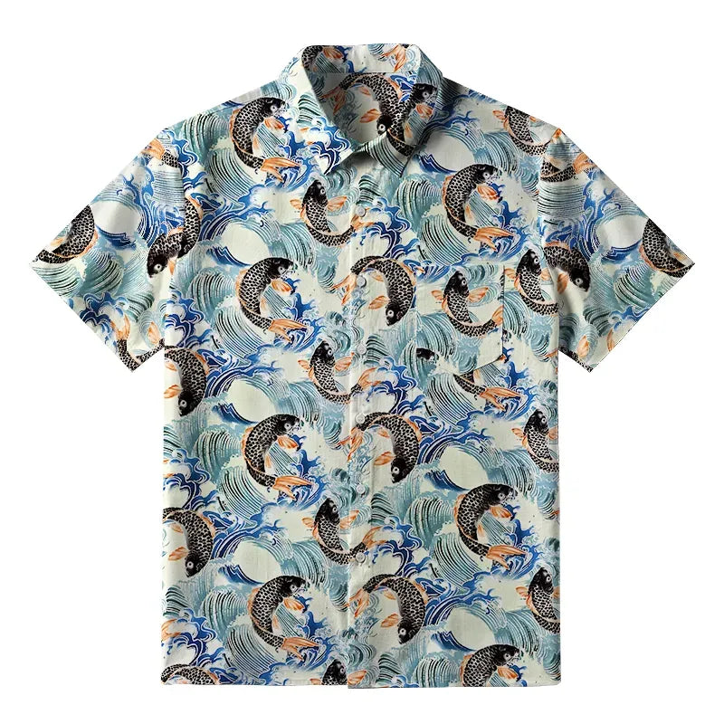 Kyoto-Lion Koi Wave Dance Button-up Shirt