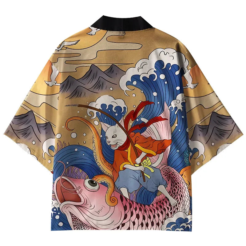 japanese cat fishing kimono cardigan