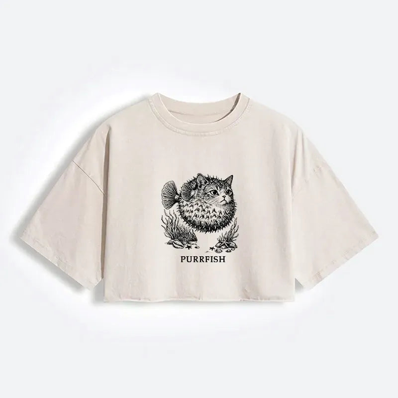 Kyoto-Lion Spiky Puffer With Cute Cat Head Women's Washed Crop T-Shirt