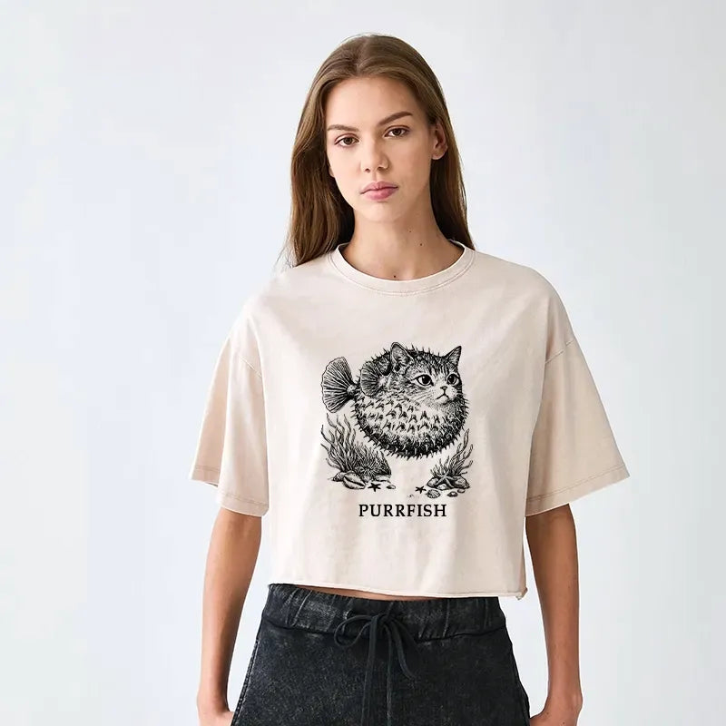 Japanese Vintage Cat Head Crop T-Shirt for Women