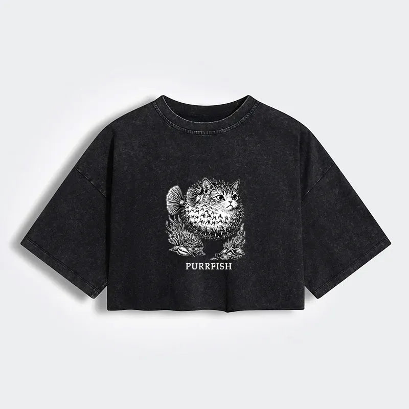Kyoto-Lion Spiky Puffer With Cute Cat Head Women's Washed Crop T-Shirt