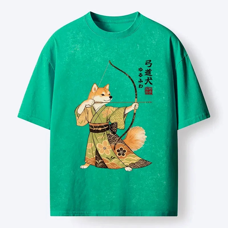 Kyoto-Lion Japanese Style Shiba Archer Art Washed T-Shirt