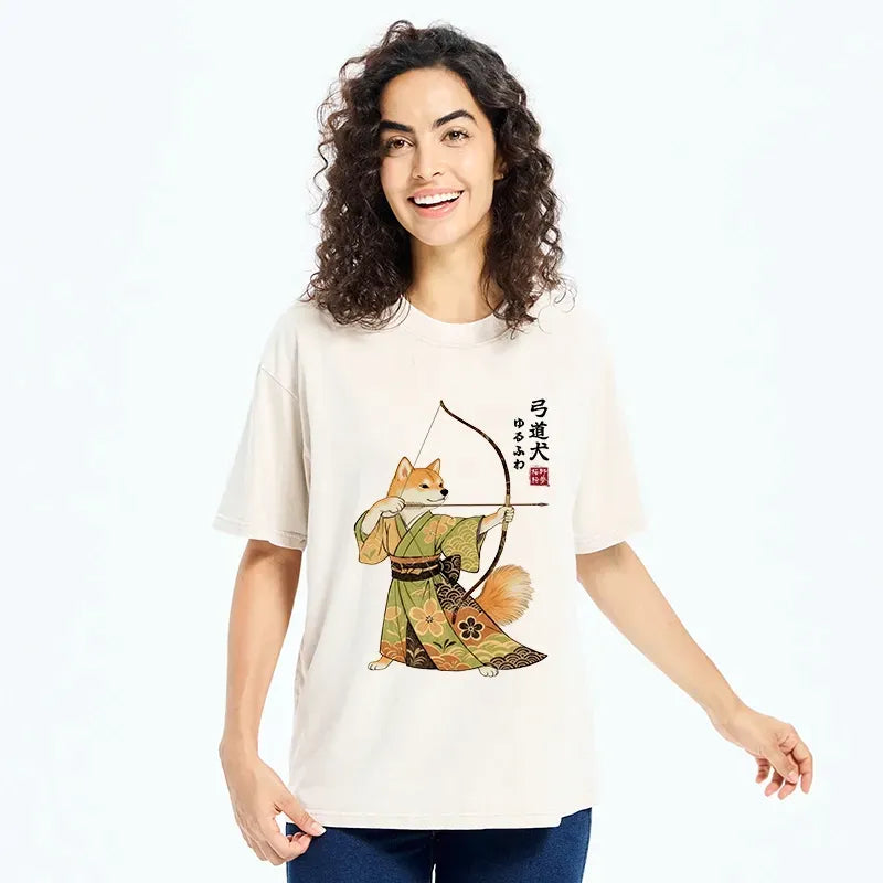 Kyoto-Lion Japanese Style Shiba Archer Art Washed T-Shirt