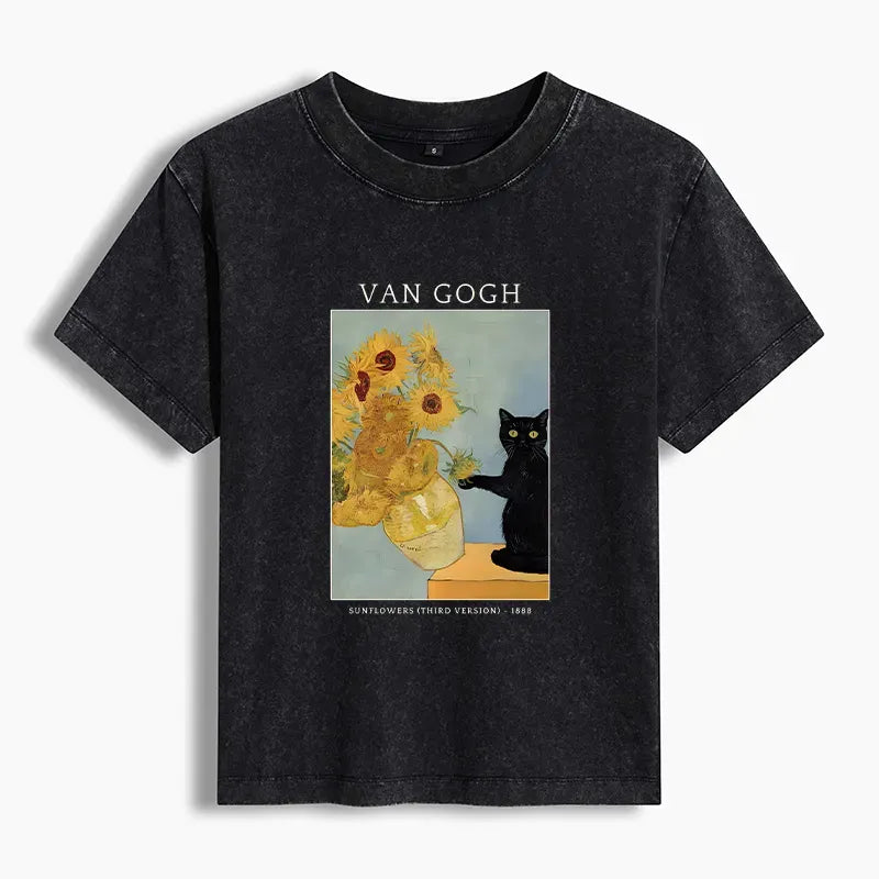 Kyoto-Lion Black Cat With Sunflowers Women's Washed T-shirt