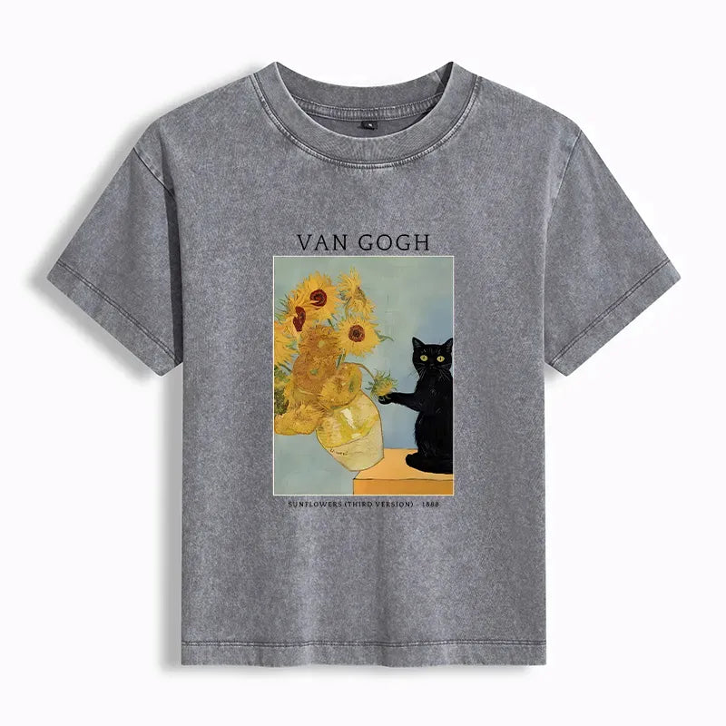 Kyoto Lion black cat sunflower washed t-shirt for women