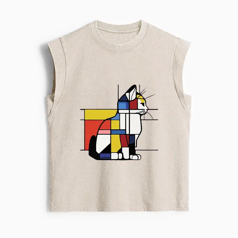 Washed Japanese Cat Tank Top for Summer