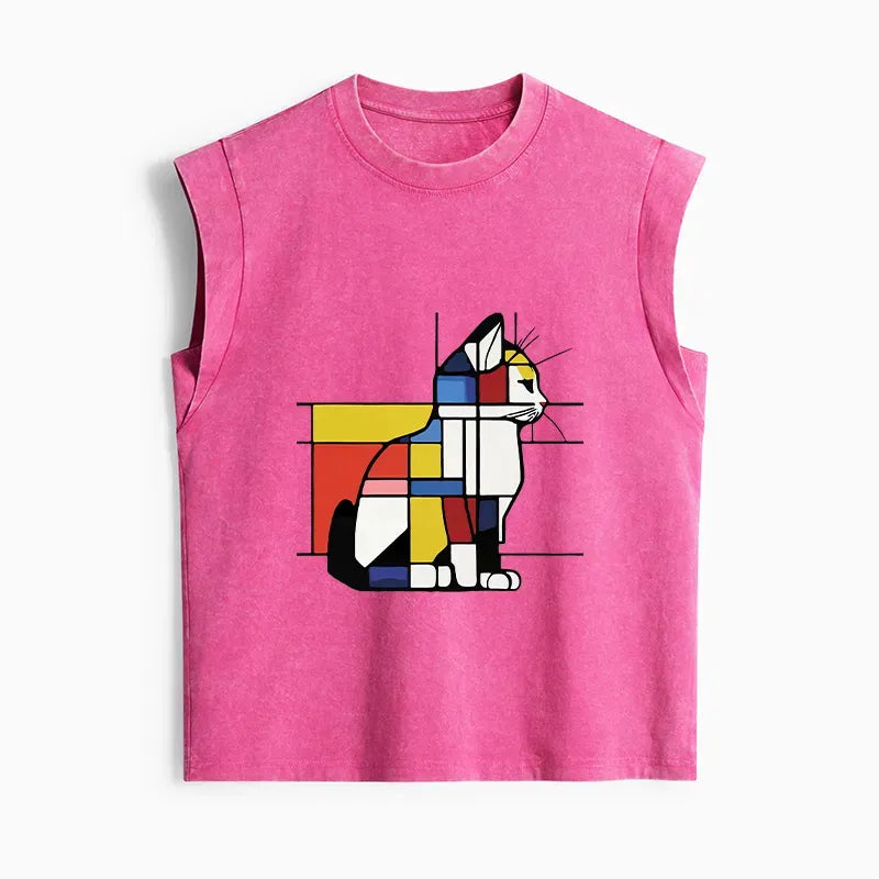 Kyoto-Lion Geometric Cat Art In Primary Colors Women's Washed Tank Tops