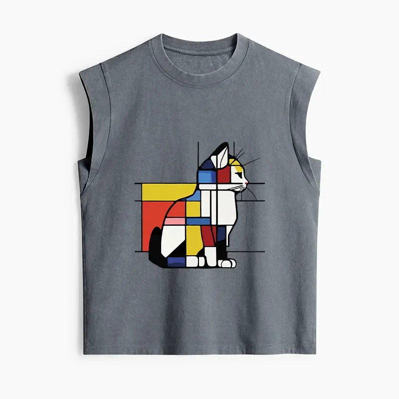 Kyoto-Lion Geometric Cat Art In Primary Colors Women's Washed Tank Tops