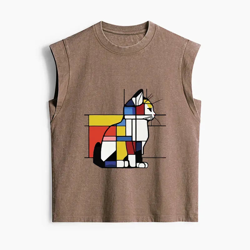 Kyoto-Lion Geometric Cat Art In Primary Colors Women's Washed Tank Tops