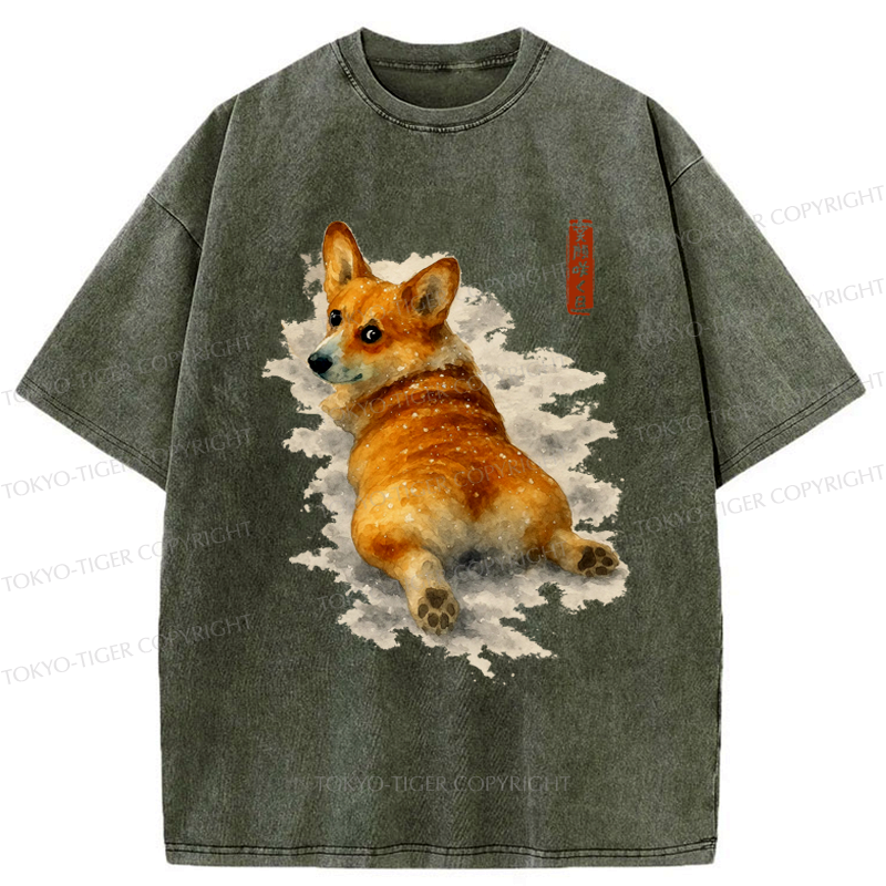 Kyoto-Lion Corgi in the Snow Washed T-Shirt
