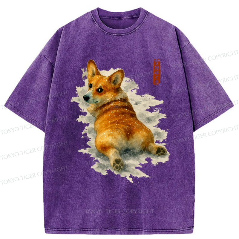Japanese Corgi Washed T-Shirt for Gift