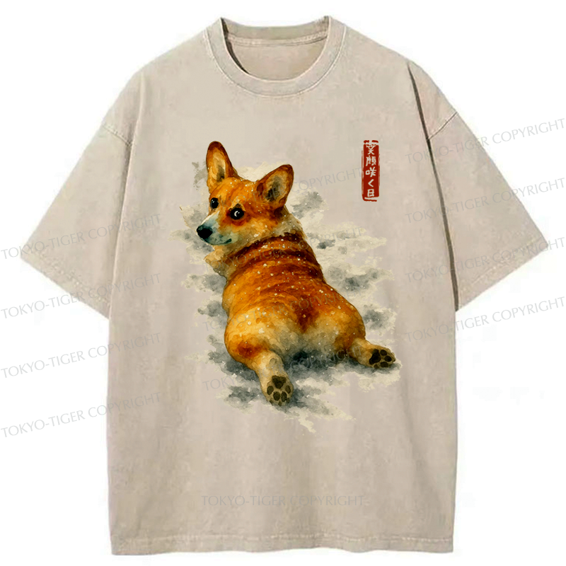 Japanese Corgi Washed T-Shirt for Gift