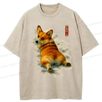 Japanese Corgi Washed T-Shirt for Gift