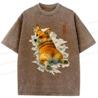 Japanese Corgi Washed T-Shirt for Gift