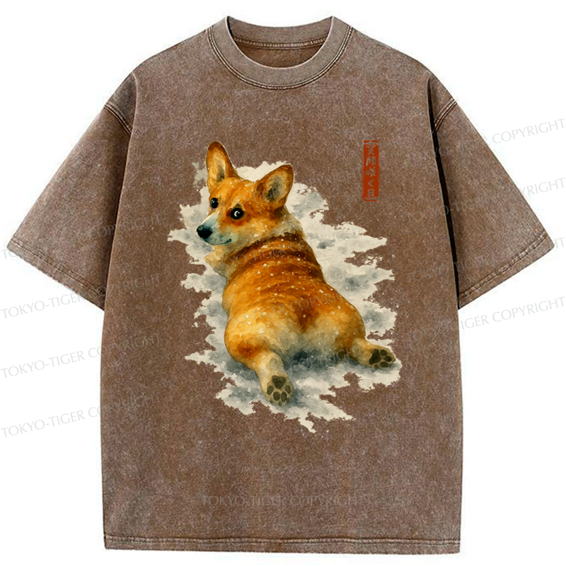 Japanese Corgi Washed T-Shirt for Gift