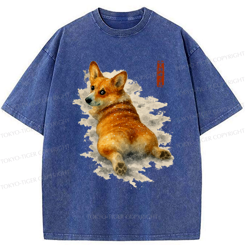 Japanese Corgi Washed T-Shirt for Gift