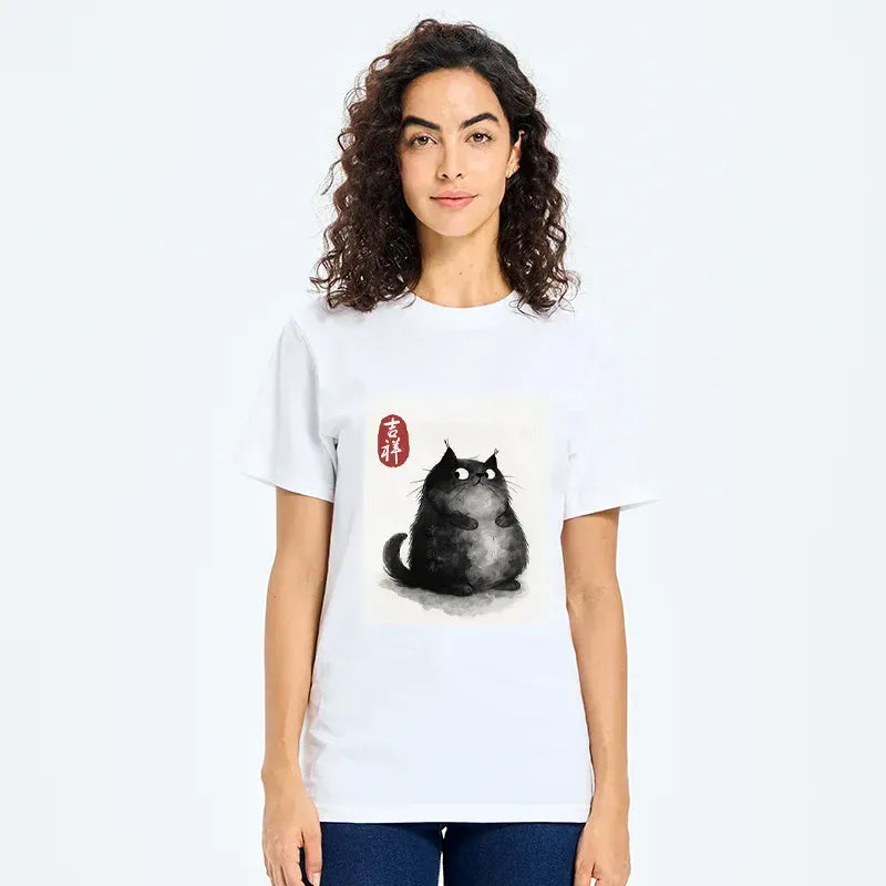 Kyoto-Lion Auspicious Fluffy Black Cat Ink Painting Classic T-Shirt