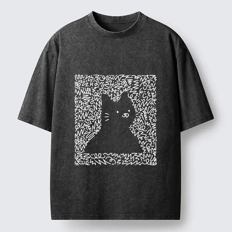 Kyoto-Lion Scribble Line Hidden Cat Funny Meme Washed T-Shirt