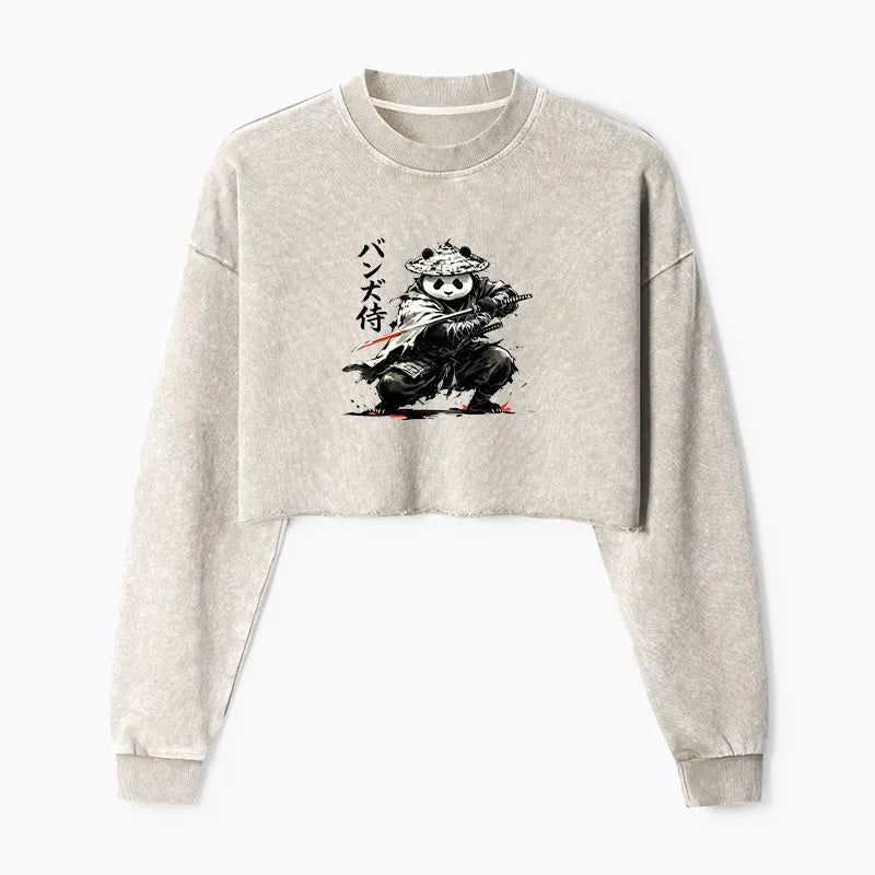 Kyoto-Lion Panda Samurai Warrior Washed Crop Sweatshirt