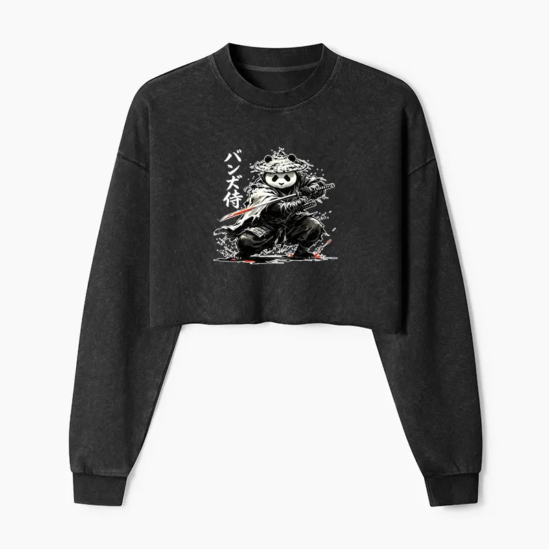 Kyoto-Lion Panda Samurai Warrior Washed Crop Sweatshirt