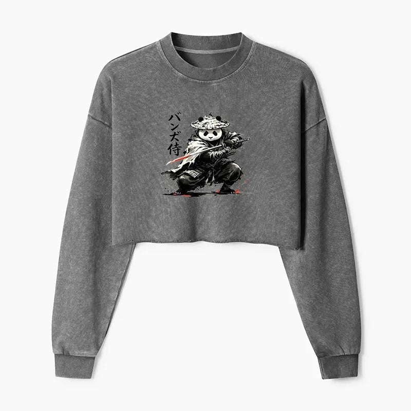 Kyoto-Lion Panda Samurai Warrior Washed Crop Sweatshirt