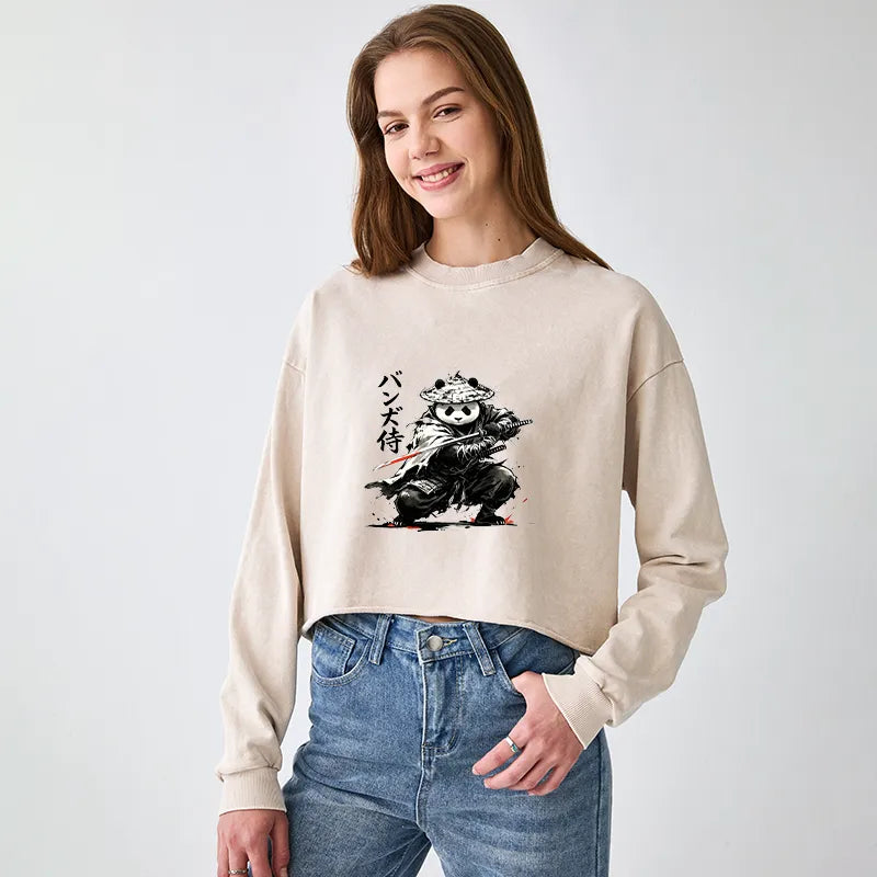 Kyoto-Lion Panda Samurai Warrior Washed Crop Sweatshirt