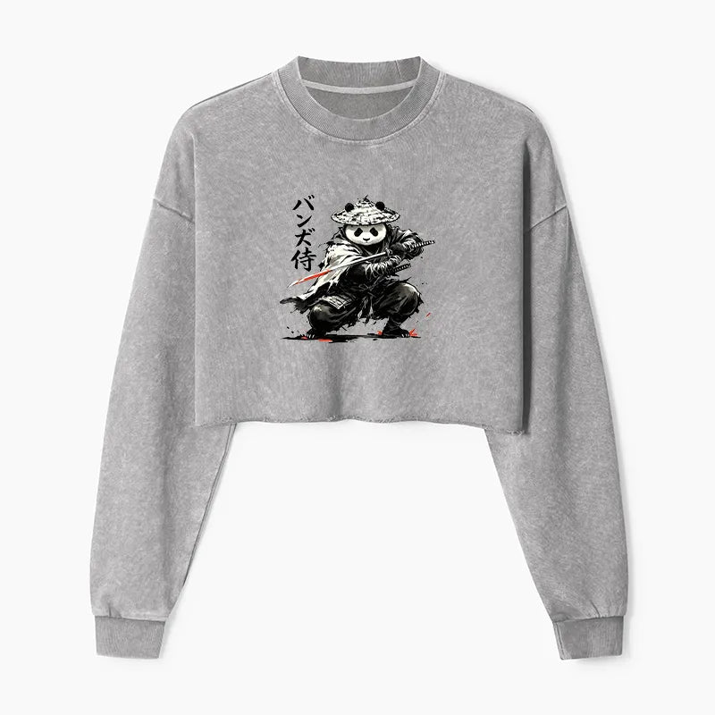 Kyoto-Lion Panda Samurai Warrior Washed Crop Sweatshirt