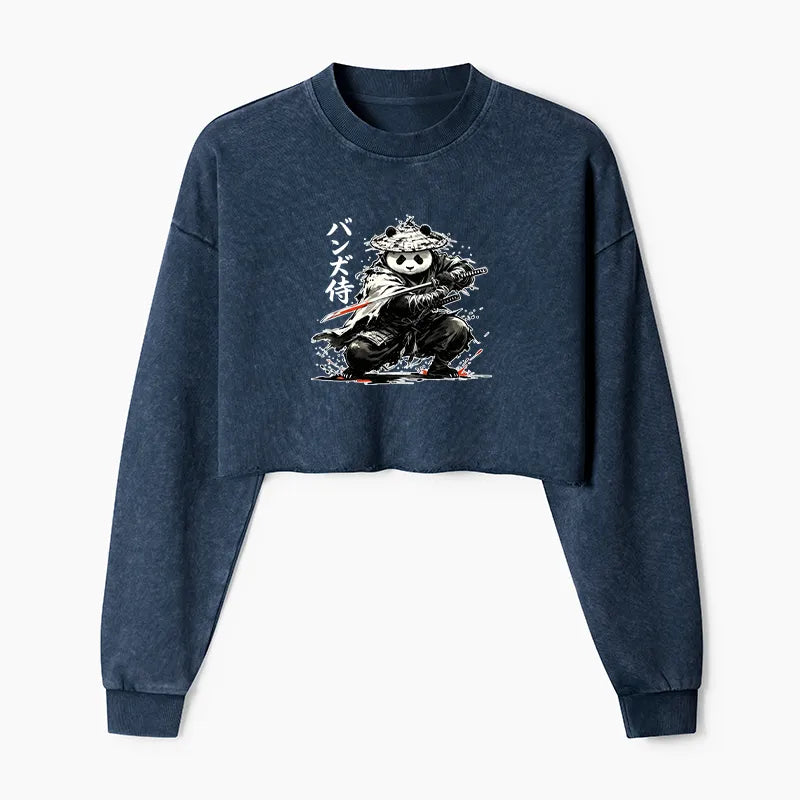 Kyoto-Lion Panda Samurai Warrior Washed Crop Sweatshirt