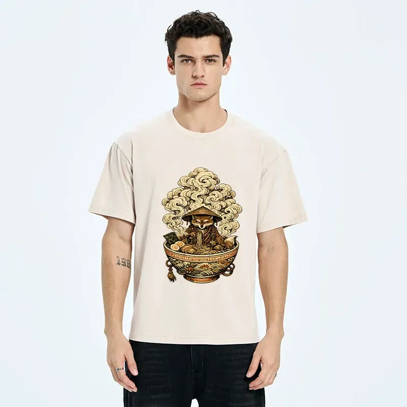 Kyoto-Lion Zen Fox Eat Warm Ramen Washed T-Shirt
