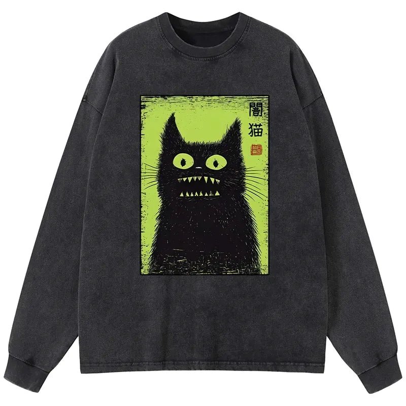 Washed black cat t-shirt for daily wear