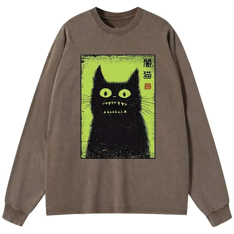 Washed black cat t-shirt for daily wear