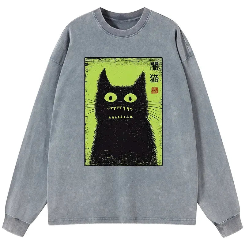 Japanese spooky black cat long sleeve tee