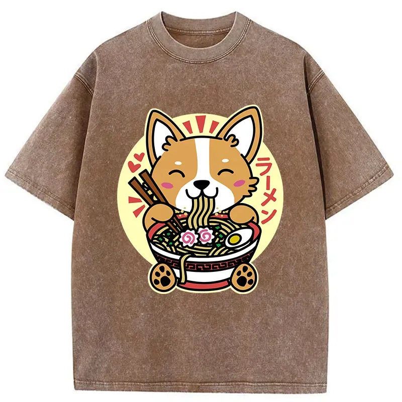 Kyoto-Lion Corgi Eats Ramen Washed T-Shirt