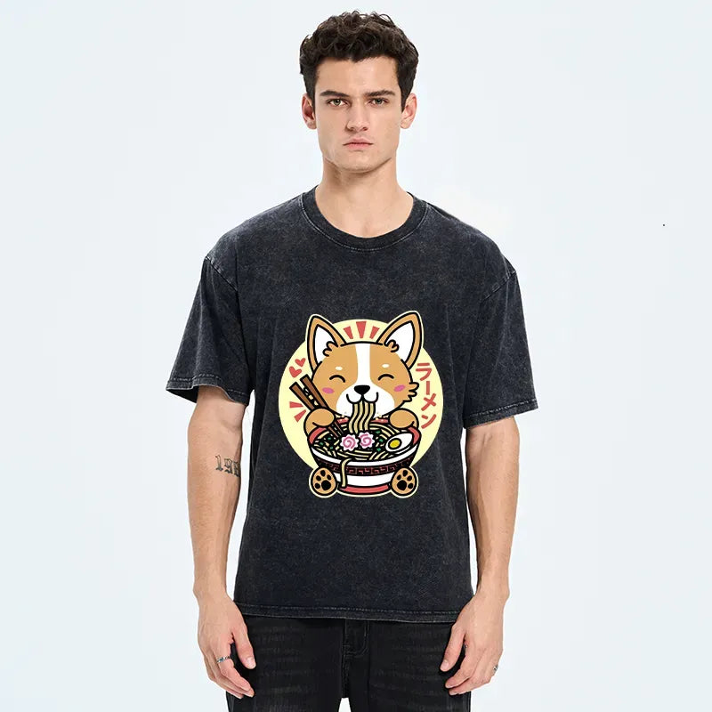 Corgi Eats Ramen Washed T-Shirt for Streetwear